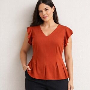 Ann Taylor V Neck Flutter Sleeve Peplum Top Burnt Orange Size XL Career Blouse